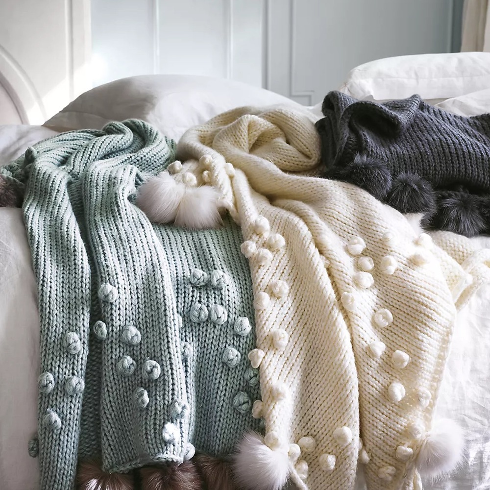 Anthropologie Ivory White Snow Dusting Pom Pom Throw Blanket NWT
